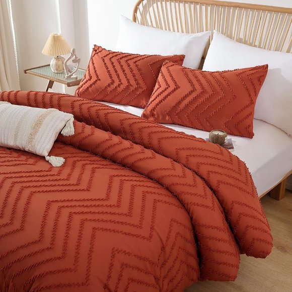 Chevron Texture Pumpkin Terra Cotta Queen Size Bed Comforter Set Bedding Orange - Picture 7 of 11